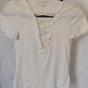 Deep V Lace Up Rib Knit